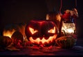 Spooky evil scary pumpkin night horror lantern candle light, happy halloween