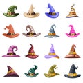 Spooky evil witch old hat decoration october halloween icons set isolated cartoon design vector illustration Royalty Free Stock Photo