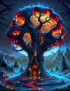 Spooky Fantasy Forest with Colorful Night Sky generative ai. Ai generated.