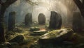 Spooky fog shrouds ancient forest mystery scene generated by AI