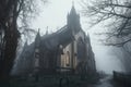 a spooky, foggy scene outside an abandoned church