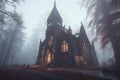 a spooky, foggy scene outside an abandoned church