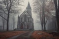 a spooky, foggy scene outside an abandoned church
