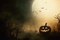 Spooky forest with bats evil glowing eyes of Jack O\' Lanterns on a scary halloween night