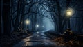 Spooky forest, dark night, foggy mystery, autumn eerie beauty generated by AI