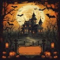 Spooky forest with full moon, dark black trees with scarry branches, bats, orange color pumpkins, jack o lantern. Copy