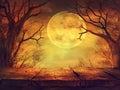 Spooky forest with full moon and wooden table