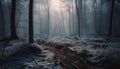 Spooky forest, mysterious fog, tranquil dawn awaits generated by AI