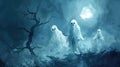 Spooky forest scene with ghostly figures and a cloaked person Royalty Free Stock Photo