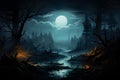 Spooky Forest Scene with a Haunting Moonlit Sky, Dark Clouds, Flying Owls and Gnarled Trees. Halloween Background. Generative AI Royalty Free Stock Photo