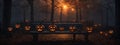 A spooky forest sunset with a haunted evil glowing eyes of Jack O\' Lanterns on the left of a wooden bench on a scary halloween ni