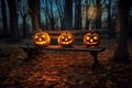 A spooky forest sunset with a haunted evil glowing eyes of Jack O\' Lanterns