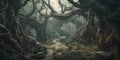 Spooky forest with twisted trees, fantasy matte painting. Generative AI illustration