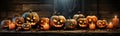 Spooky collection of Halloween carved pumpkins outside on Hallows Eve - generative AI