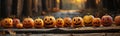 Fun collection of dozens of Halloween carved pumpkins outside on Hallows Eve - generative AI