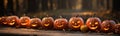 Happy Face Halloween carved pumpkins outside on Hallows Eve - generative AI