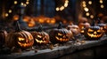 Spooky face Halloween carved pumpkins on as wooden surface for Hallows Eve - generative AI