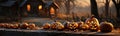 Row of Spooky Halloween carved pumpkins outside on Hallows Eve - generative AI