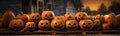 Cute Halloween carved pumpkins outside on Hallows Eve - generative AI