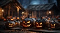 Halloween carved jack-o-lantern pumpkins outside on Hallows Eve - generative AI