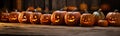 Fun collection of dozens of Halloween carved pumpkins outside on Hallows Eve - generative AI