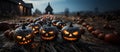Spooky fun collection of dozens of Halloween carved pumpkins outside on Hallows Eve - generative AI