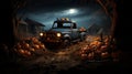 Spooky moonlight on Halloween pumpkins surrounding and old scary truck outside near barn in the moonlight on