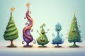 Spooky funny monster Christmas trees, cute cartoon characters