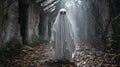 Spooky ghost costume in a haunted forest setting Royalty Free Stock Photo