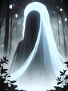 spooky ghost in dark forest, halloween background, Ai Generated Royalty Free Stock Photo