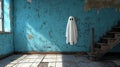 Spooky ghost decoration in an abandoned room with a blue wall Royalty Free Stock Photo
