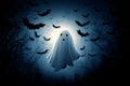Spooky ghost floating in a dark forest at night with bats flying around it, creating a halloween atmosphere Royalty Free Stock Photo