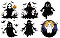 Spooky ghost illustrations with pumpkins and bats, Halloween themed, decorative party elements Royalty Free Stock Photo