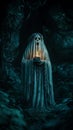 a spooky ghost is lit in a dark forest Royalty Free Stock Photo