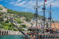 Spooky ghost pirate ship in the fog Royalty Free Stock Photo