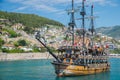 Spooky ghost pirate ship in the fog Royalty Free Stock Photo