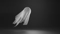 Spooky ghost, white phantom silhouette isolated on dark black background. Mystic creature in sheet costume, spirit Royalty Free Stock Photo