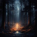 Spooky ghostly scene in a dark, misty forest Royalty Free Stock Photo