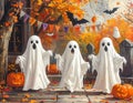 Spooky ghosts gather at festive fall porch Royalty Free Stock Photo