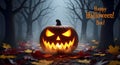 Spooky glowing jack-o-lantern in a haunted forest Royalty Free Stock Photo