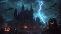 A spooky gothic castle with burning jack-o\'-lanterns and lightning strikes in the night sky Royalty Free Stock Photo