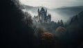 Spooky gothic chapel in the misty forest at dusk generated by AI