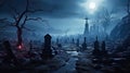 Spooky graveyard with full moon on Halloween night, old scary cemetery Royalty Free Stock Photo