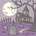 Spooky graveyard and haunted house at night cartoon Royalty Free Stock Photo