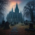 Spooky graveyard with misty atmosphere