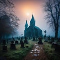 Spooky graveyard with misty atmosphere