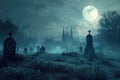 A spooky graveyard at night with tombstones, fog, and ominous moonlight Graveyard At Night Spooky Cemetery Royalty Free Stock Photo