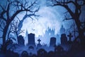 A spooky graveyard at night with tombstones, fog, and ominous moonlight Graveyard At Night Spooky Cemetery Royalty Free Stock Photo