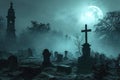 A spooky graveyard at night with tombstones, fog, and ominous moonlight Graveyard At Night Spooky Cemetery Royalty Free Stock Photo