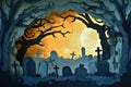 A spooky graveyard at night with tombstones, fog, and ominous moonlight Graveyard At Night Spooky Cemetery Royalty Free Stock Photo